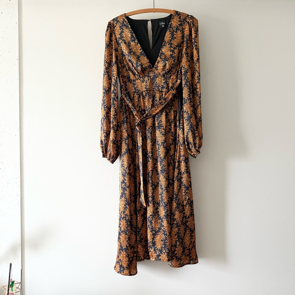 Lulus Graceful Impression Black and Orange Floral Print‎ Midi Dress M